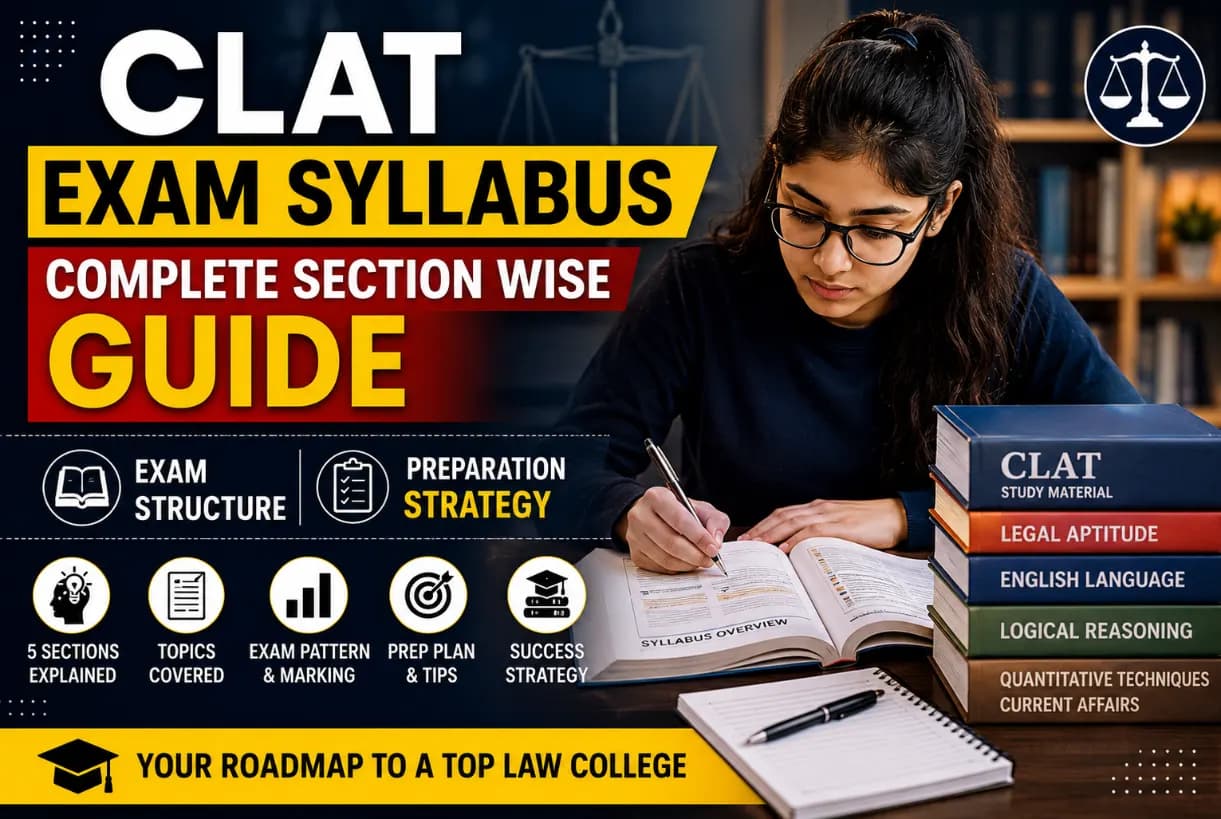 Student studying the complete CLAT exam syllabus with section-wise topics and preparation guide