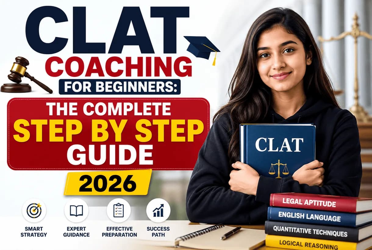 Beginner student starting CLAT preparation with books, notes, and a study planner for law entrance exam coaching